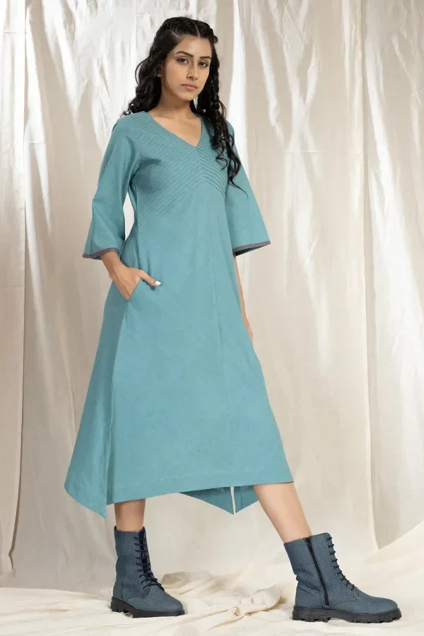 PinTuck Perfection-Teal Organic Asymmetric Dress