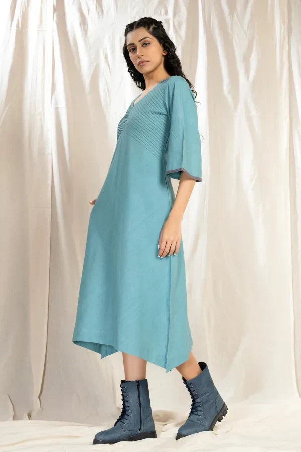 PinTuck Perfection-Teal Organic Asymmetric Dress