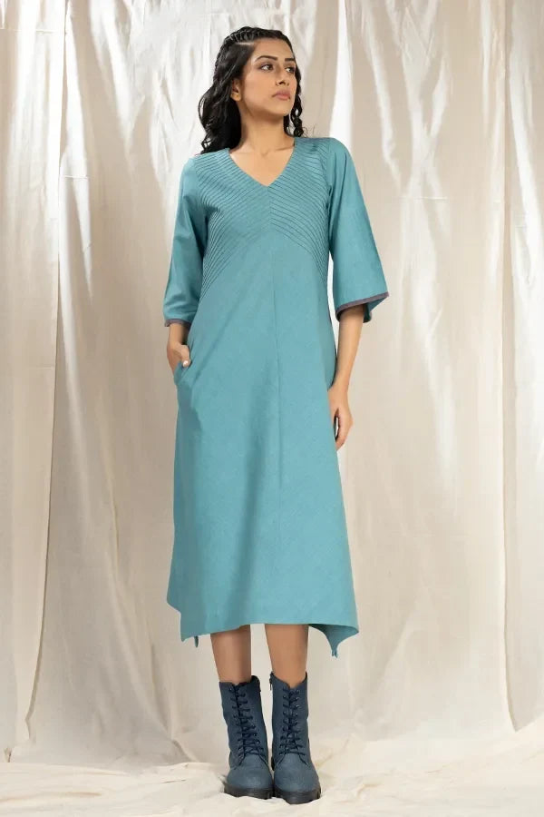 PinTuck Perfection-Teal Organic Asymmetric Dress