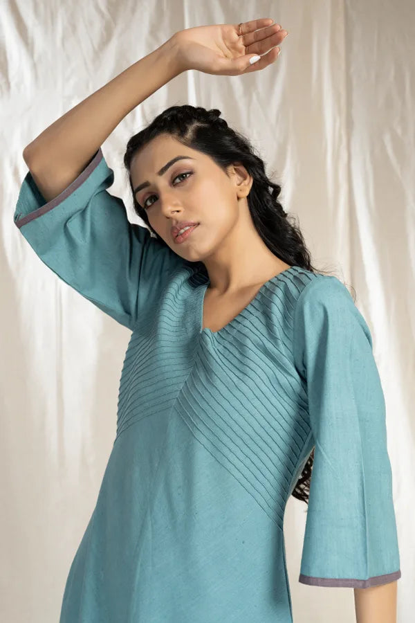PinTuck Perfection-Teal Organic Asymmetric Dress