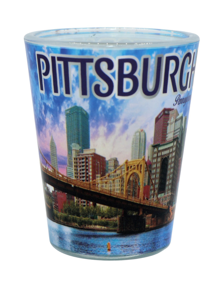 Pittsburgh Pennsylvania Bridge and Blue Skyline Shot Glass