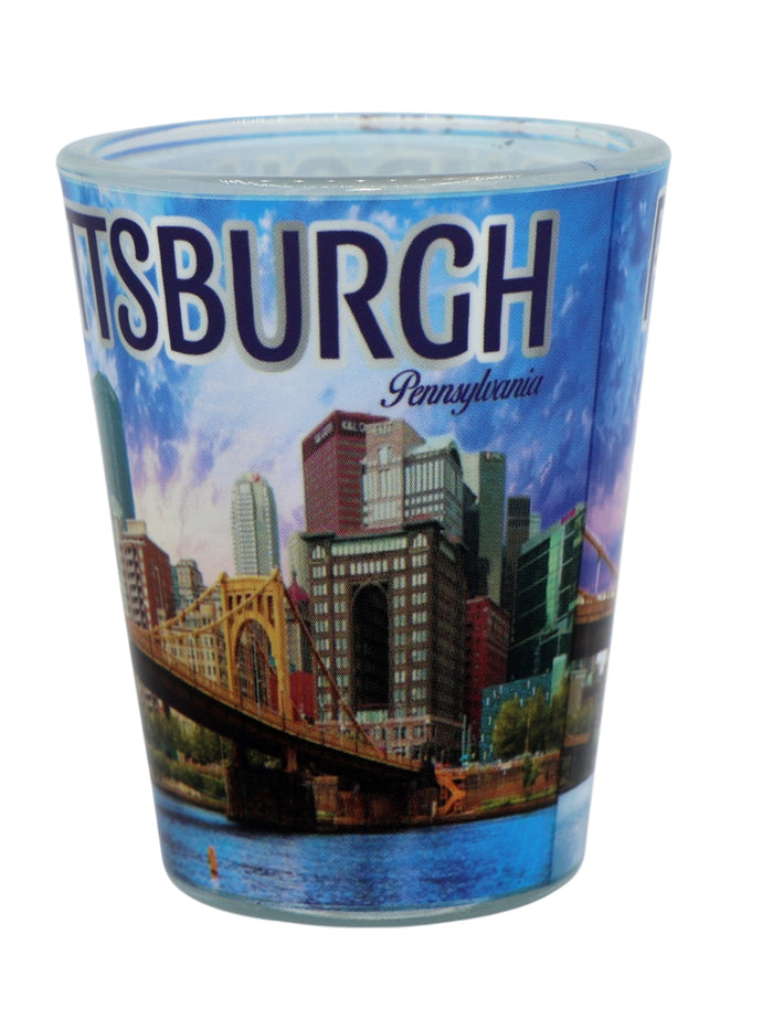 Pittsburgh Pennsylvania Bridge and Blue Skyline Shot Glass
