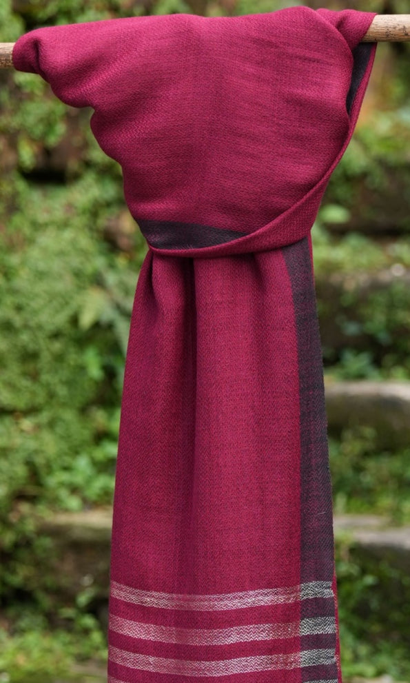 Pointed Twill Merino Wool Shawl | Maroon With Gold Border Stripes