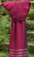 Pointed Twill Merino Wool Shawl | Maroon With Gold Border Stripes