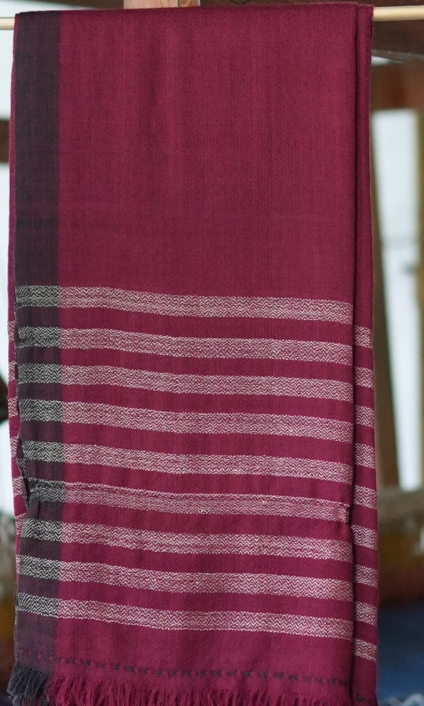 Pointed Twill Merino Wool Shawl | Maroon With Gold Border Stripes