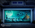 Garage door with Halloween-themed mural featuring a ghost, graves, and a full moon.