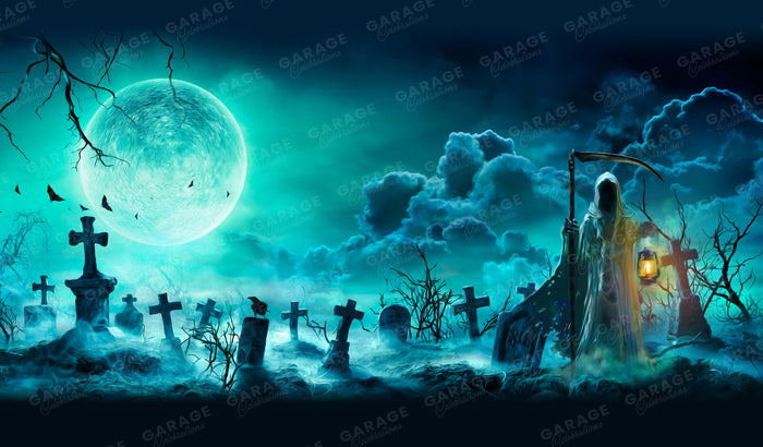 Grim Reaper in a graveyard with a full moon and clouds