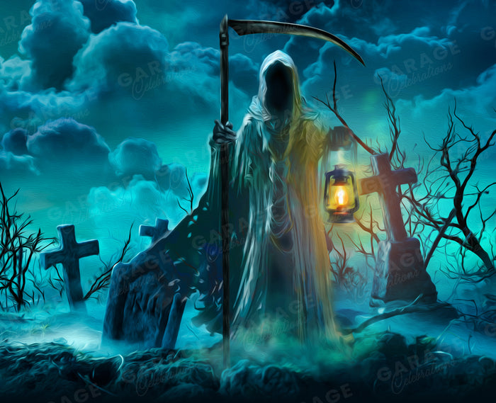 Grim Reaper holding a lantern in a graveyard with crosses and a dark sky.