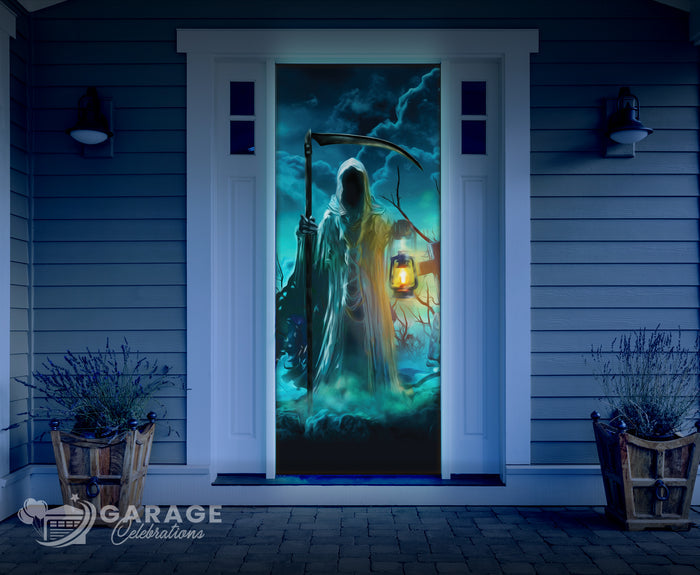 Decorative door wrap with a Grim Reaper and scythe on a house exterior.