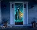 Decorative door wrap with a Grim Reaper and scythe on a house exterior.