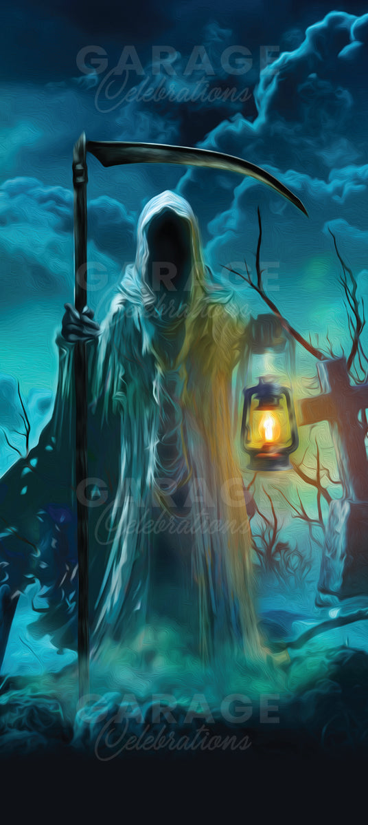 Grim Reaper holding a lantern in a dark, eerie landscape with crosses and clouds.