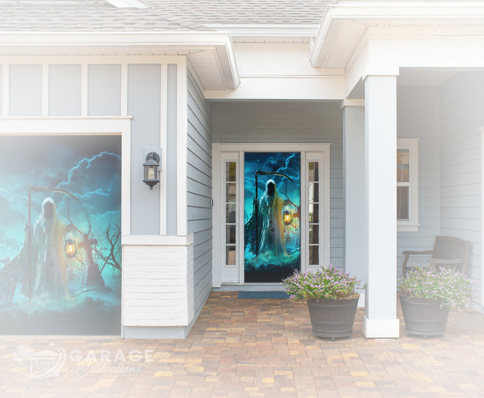 Front door with Grim Reaper featuring a ghostly figure and blue light, with 'Garage' branding.