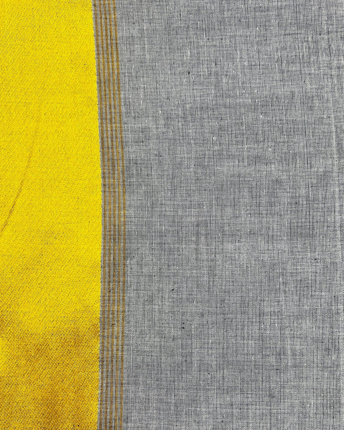 Grey handloom cotton saree with golden satin border