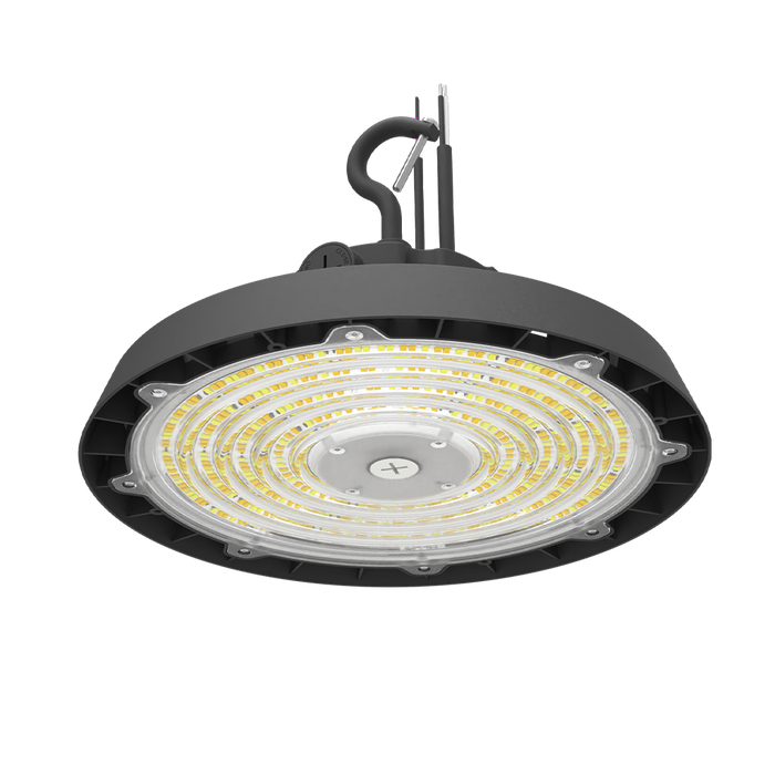 Reno Orion - UFO Highbay R1 | BeamFlex™ Adjustable Beam Angle Technology: 60°/90°/120° | Selectable Wattage 80/100/120/160W | Up to 180LM/W | Selectable CCT 35/40/50K | 10FT Cord | 120-347V | 0-10V Dim | RENO-HBU-160W-DV-MCCT-ABA-R1 / R34231, R34232 — Color: Black