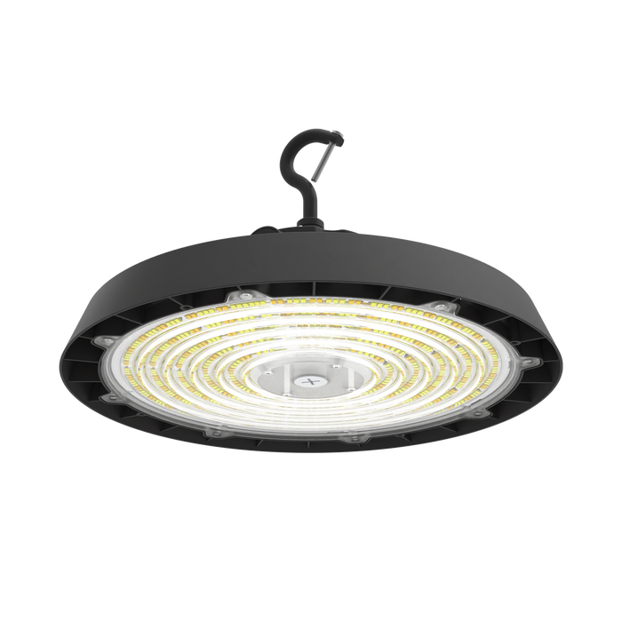 Reno Orion - UFO Highbay R2 | BeamFlex™ Adjustable Beam Angle Technology: 60°/90°/120° | Selectable Wattage 120/160/200/250W | Up to 180LM/W | Selectable CCT 35/40/50K | 10FT Cord | 120-347V | 0-10V Dim | RENO-HBU-250W-DV-MCCT-ABA-R2 / R34233, R34234 — Color: Black