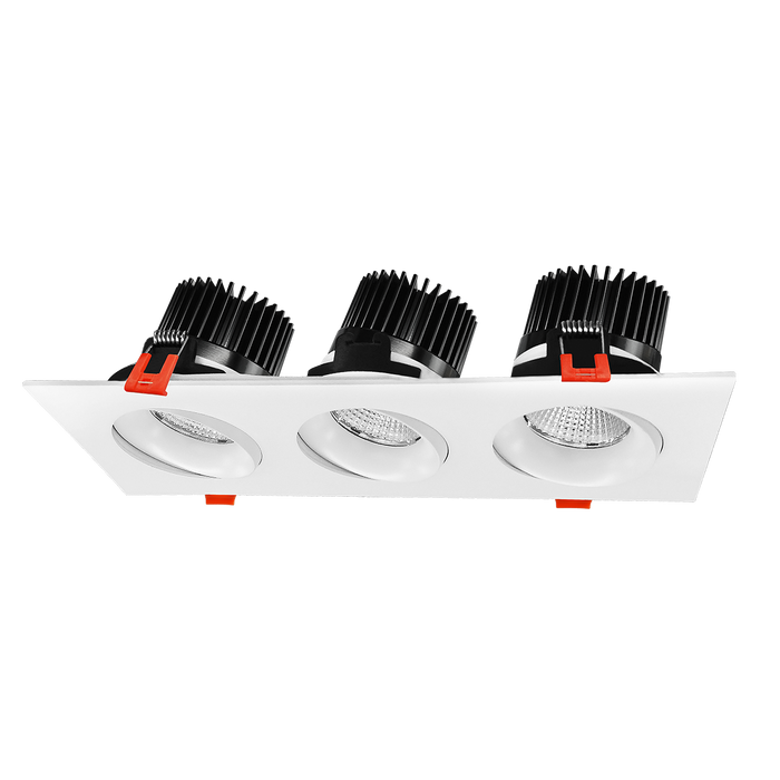 Product Display Visual of the SKU: RENO-LED-AURA-35-S36W-5CCT-WH-SQ for Marketing of theReno Square 3-Head Regressed Gimbal | RENO-LED-AURA-35-S36W-5CCT-XX-SQ | RENO-LED-AURA-35-SQ