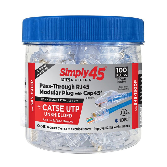 S45 - 1500P | ProSeries Cat5e Unshielded Pass - Through RJ45 Modular Plugs 100pc/jar - Simply Controlled