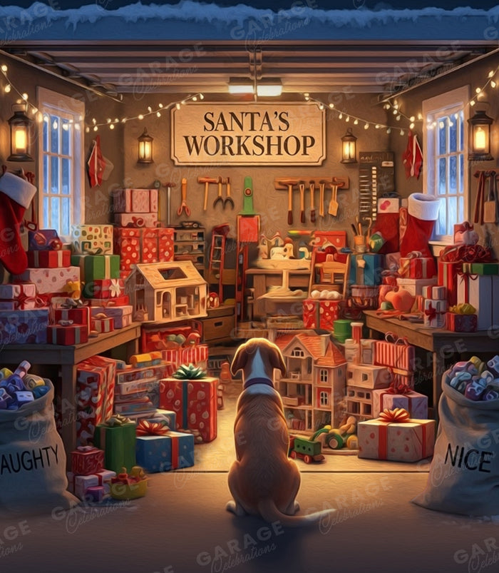 Illustration of Santa's Workshop with Christmas toys and presents, featuring a dog sitting in the foreground.