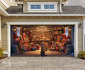 Garage door cover Illustration of Santa's Workshop with Christmas toys and presents, featuring a dog sitting in the foreground.