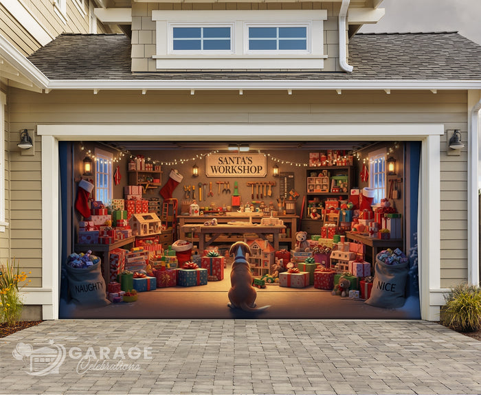 Garage door cover Illustration of Santa's Workshop with Christmas toys and presents, featuring a dog sitting in the foreground.