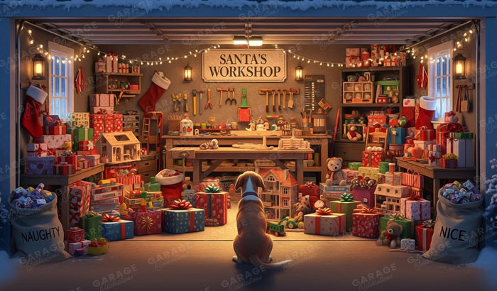 Illustration of Santa's Workshop with Christmas toys and presents, featuring a dog sitting in the foreground.