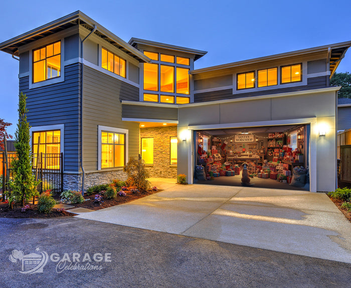 Modern two-story house with garage illustration of Santa's Workshop with Christmas toys and presents, featuring a dog sitting in the foreground.