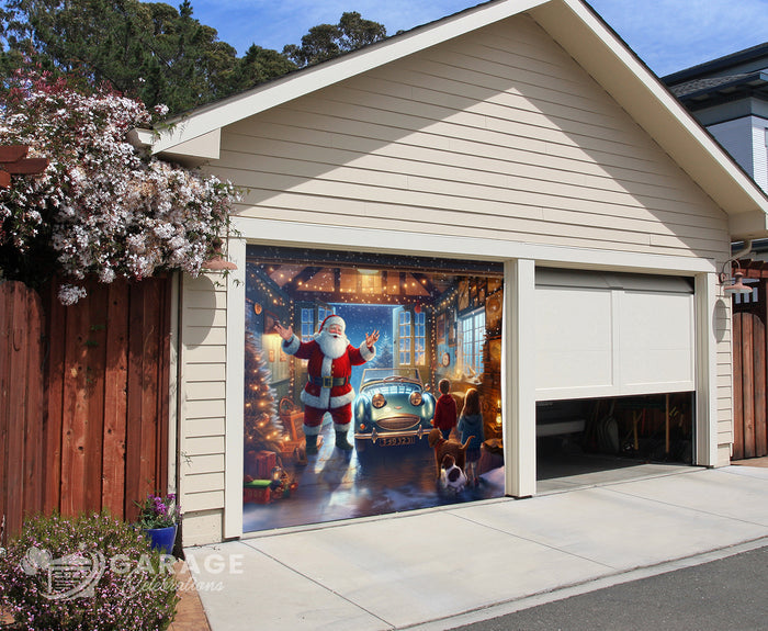 Garage door with a festive design featuring Santa Claus and children, with a house and trees in the background.