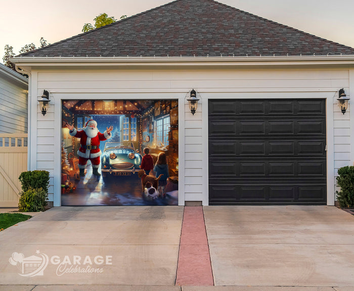 Garage door with a decorative graphic of Santa Claus and a car, featuring children and a dog.
