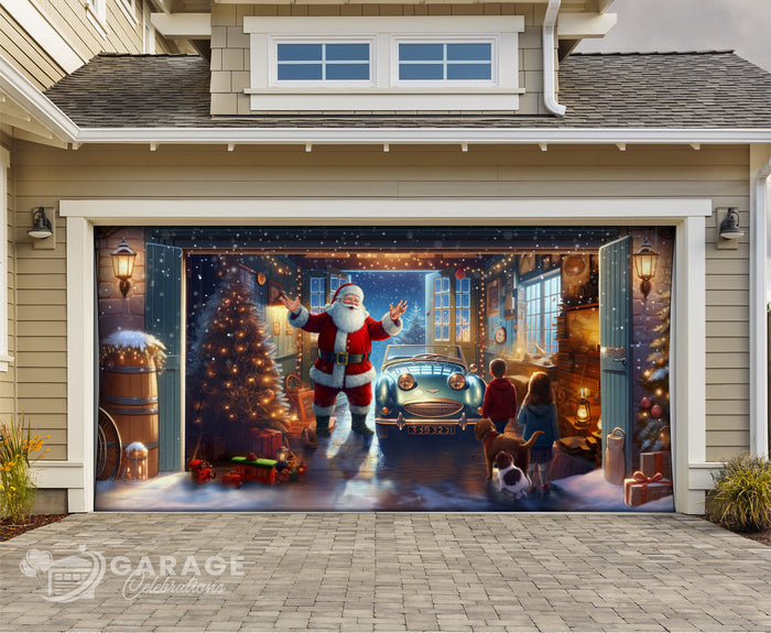 Decorative garage door with a Christmas scene featuring Santa Claus, children, and a car.