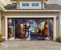 Decorative garage door with a Christmas scene featuring Santa Claus, children, and a car.
