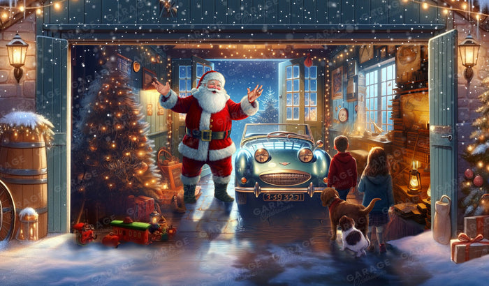 Santa Claus in a festive room with children and a vintage car, surrounded by Christmas decorations.