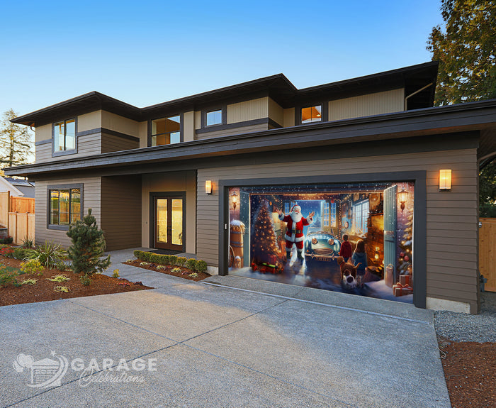 Modern house with a decorated garage door featuring Santa Claus and Christmas-themed decorations.