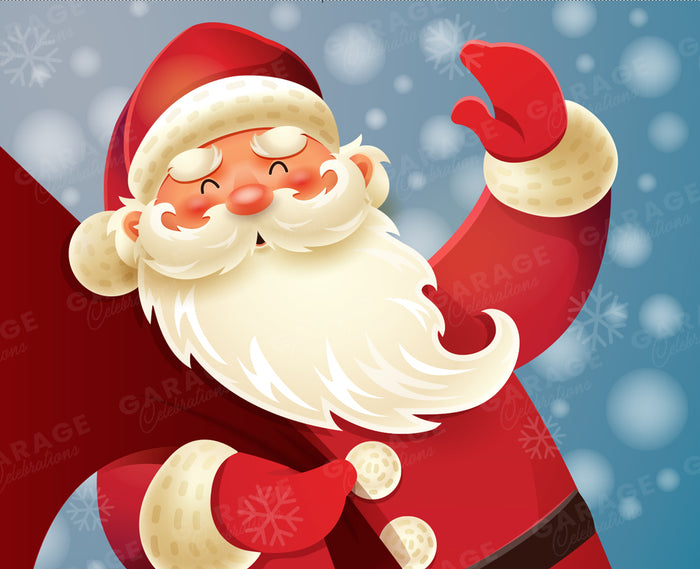 Cartoon Santa Claus waving with a snowy background