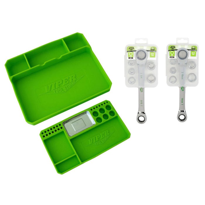 Lime green 2-piece flexible silicone tool and parts tray set with 7-in-1 SAE and metric ratcheting wrench sets