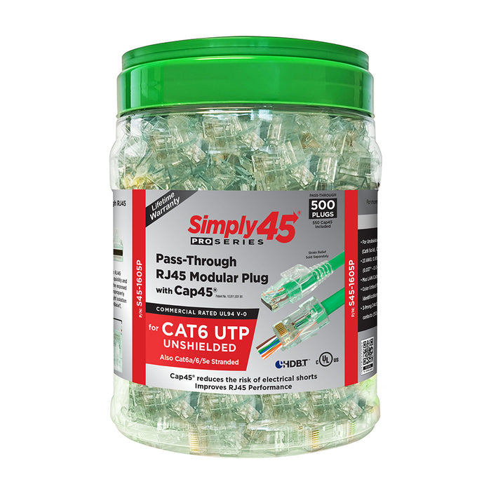 S45-1605P Simply45 PROSeries Cat6 UTP pass-through RJ45 modular plugs 500 piece jar green