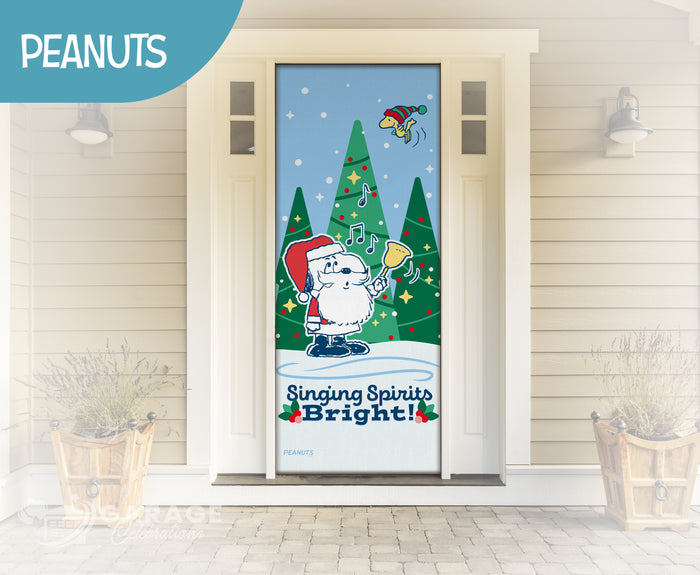 Decorative door with Snoopy cartoon character and Christmas trees, featuring the 'Peanuts' brand.