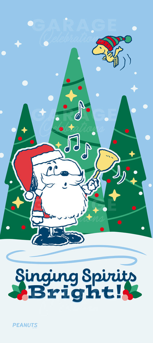 Snoopy in a Santa hat with a bell, surrounded by Christmas trees and snowflakes, on a blue background.