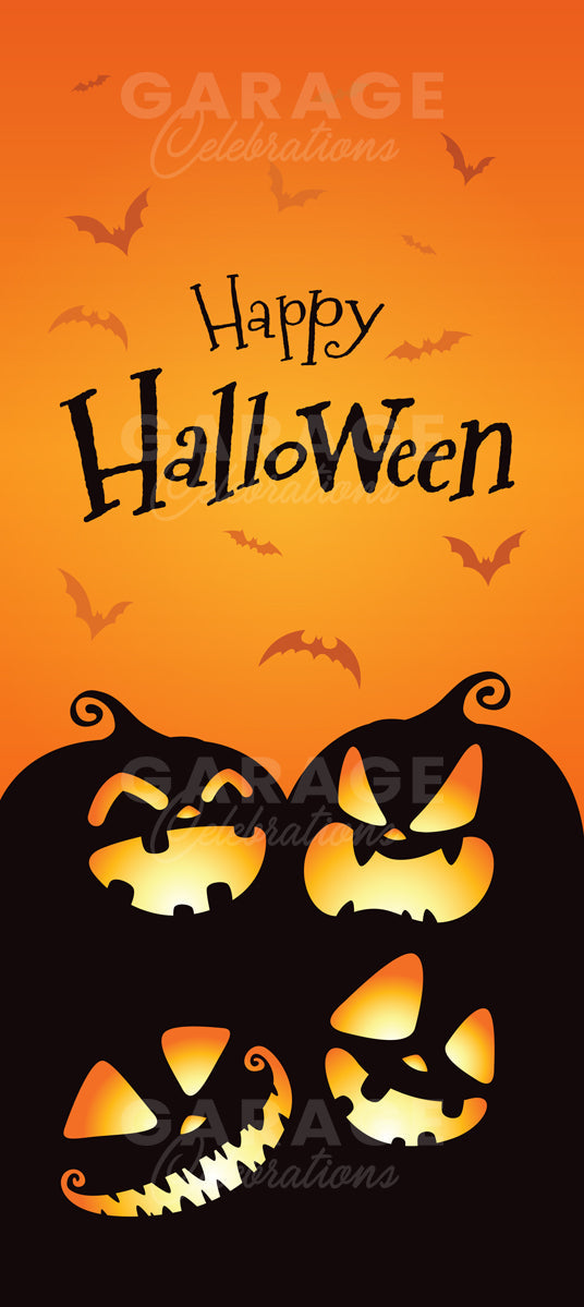 Halloween-themed design with glowing jack-o'-lanterns and 'Happy Halloween' text on an orange background.