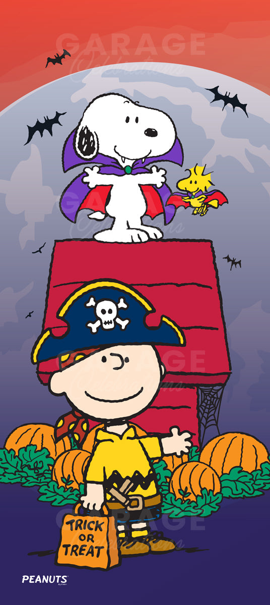 Snoopy and Charlie Brown characters in Halloween costumes on a roof with pumpkins and bats.