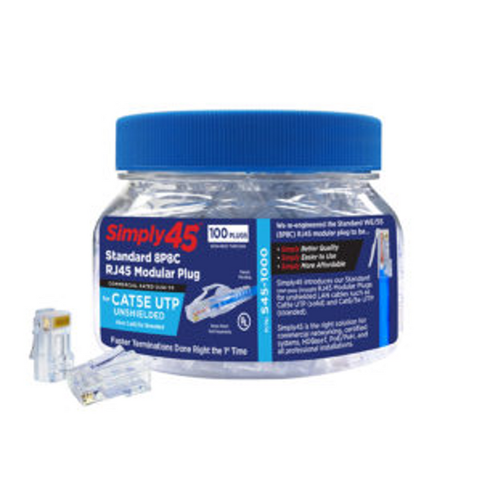 Standard Cat5e UTP RJ45 Modular Plugs, Blue Tint - 100pcs/Jar | S45-1000