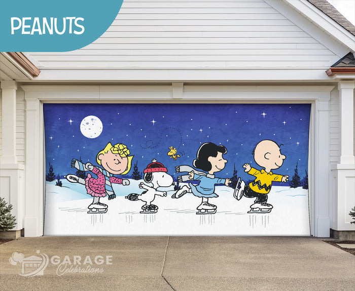 A garage door cover featuring cartoon characters from the Peanuts series, including Snoopy and Charlie Brown skating at night under a starry sky.