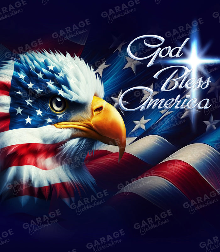 Eagle with American flag design and 'God Bless America' text on a dark background
