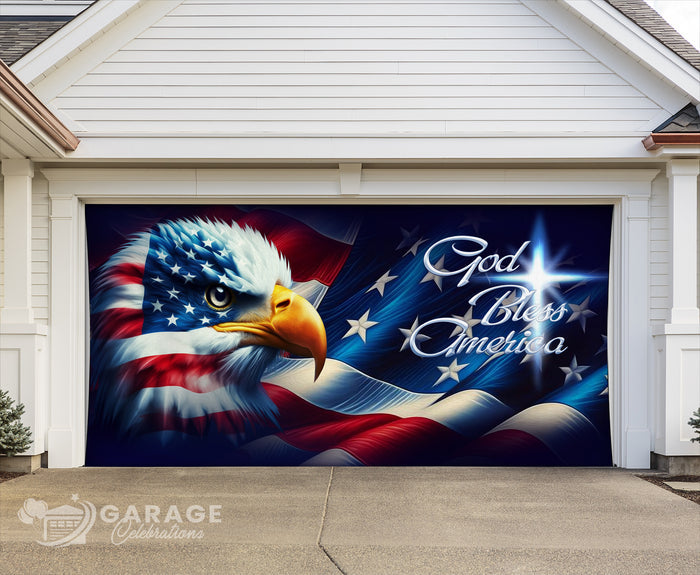 Decorative garage door with an American flag and eagle design, featuring 'God Bless America'.