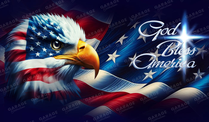 Eagle with American flag and 'God Bless America' text on a dark background