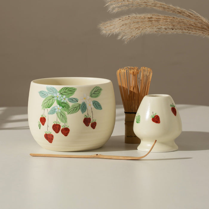 Strawberry Ceramic Matcha Set with Bowl and Chasen Holder
