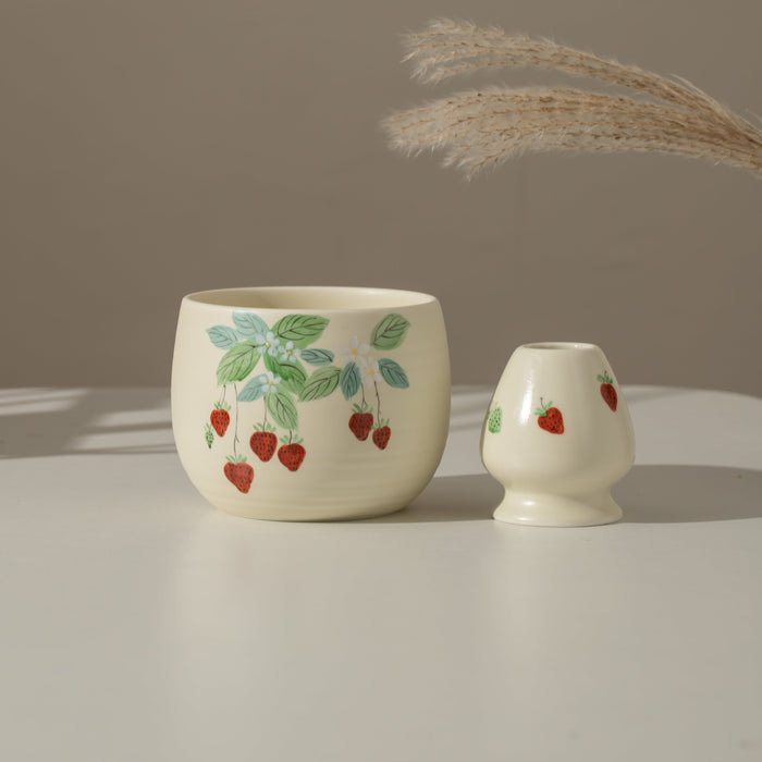 Strawberry Ceramic Matcha Set with Bowl and Chasen Holder