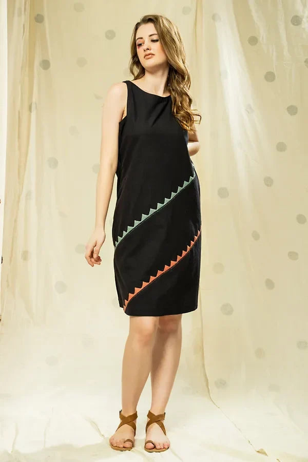Striped Legacy- Black Knee Length Applique Dress