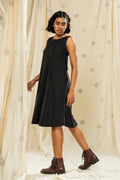 Stylized Panel-Black Solid Sleeveless Dress