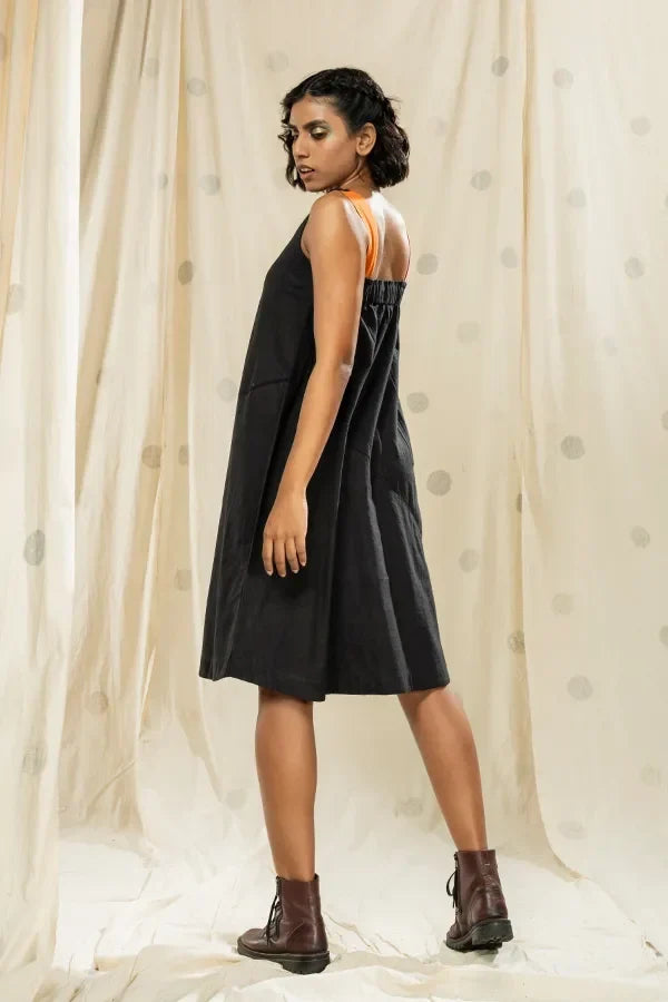 Stylized Panel-Black Solid Sleeveless Dress