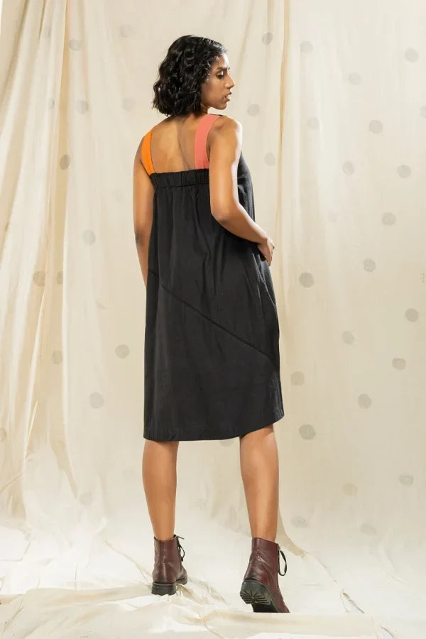 Stylized Panel-Black Solid Sleeveless Dress